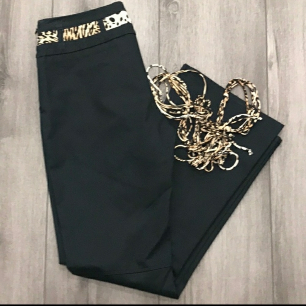 💥CACHE BLACK SPORTY DRESS PANT JEANS Leopard Belt